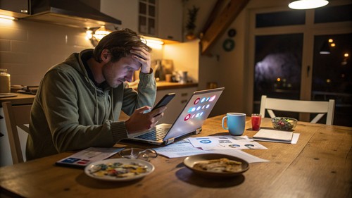 stressed small business owner juggling multiple social apps on a laptop and phone