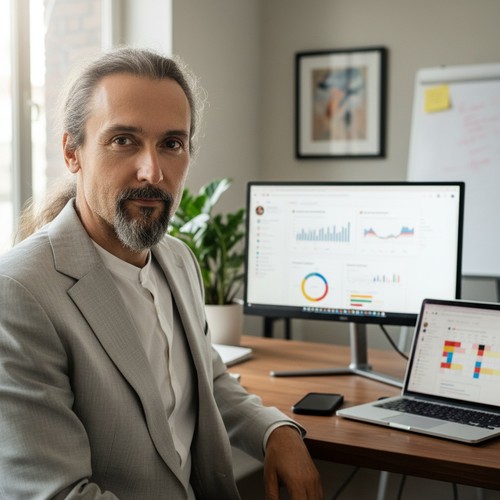 Stressed small business owner juggling apps while building a social media routine